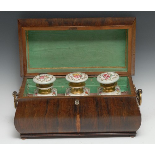 161 - A George IV rosewood sarcophagus tea caddy, brass ring loop handle, the interior later fitter with t... 