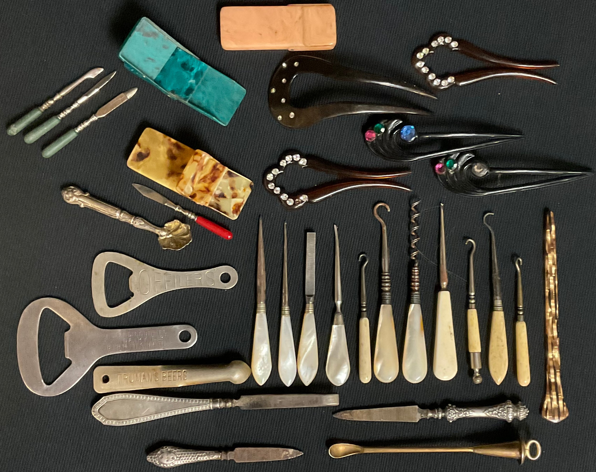 Boxes and Objects - mother of pearl and silver hafted manicure tools; hair...
