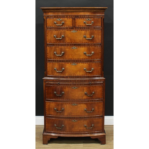 112 - A George III Revival bow front chest on chest, outswept top above two short and three long drawers, ... 