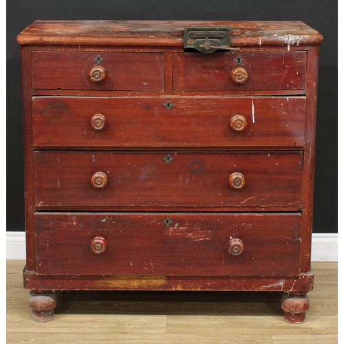 645 - A Victorian mahogany chest, rectangular top anachronistically fitted with a vise, above two short an... 