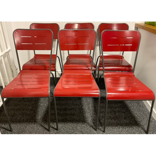 120F - A set of six sheet and tubular metal stacking chairs, 84.5cm high, 40cm wide, the seat 34cm deep (6)