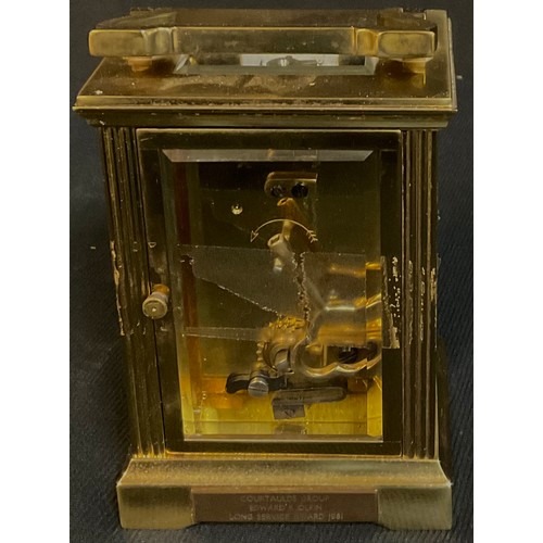 22 - A lacquered brass five glass carriage clock, swing handle, Perry Greaves, presentation plaque to ver... 