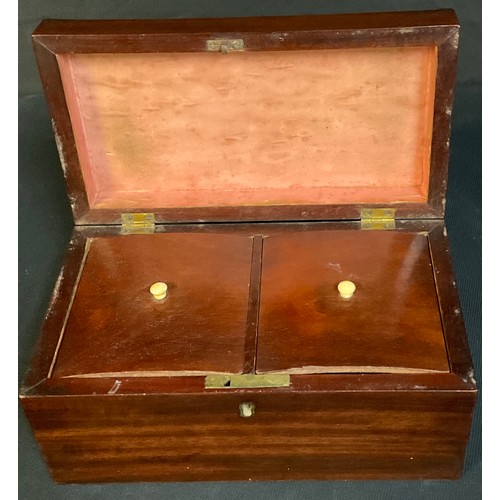 28 - A George IV mahogany rectangular tea caddy, hinged cover enclosing a pair of lidded compartments, c.... 