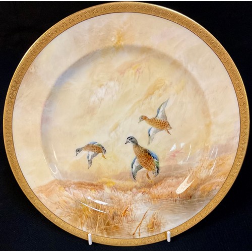 62 - A Royal Doulton cabinet plate, painted with Blue Winged Teal, signed J. Birbeck Snr, 24cm diameter