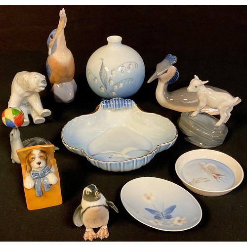 69 - A Royal Copenhagen model of a Kingfisher; others sealion, penguins, bear, dog, lamb; an ovoid vase, ... 