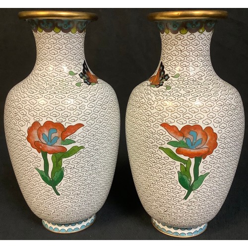 81 - A pair of Chinese cloisonné vases, decorated with roses and butterfly, 20cm high