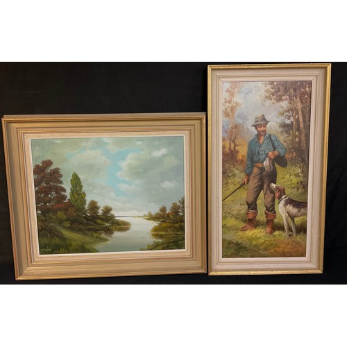 86 - Valente
Huntsman with Gun Dog and Game
signed, 59cm x 28cm, oil on canvas; 
V D Velden
A Quiet Backw... 