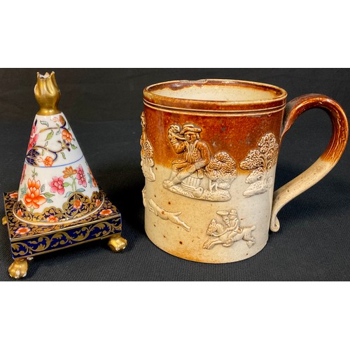 73 - A 19th century Davenport candle pastille burner; a salt glazed stoneware harvest mug (2)