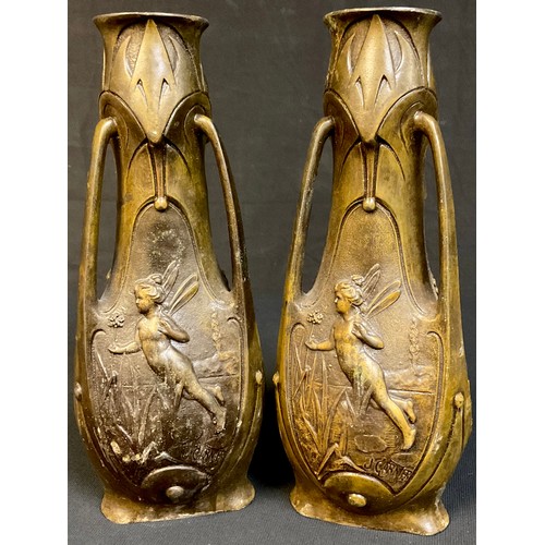 91 - A pair of late 19th century French Art Nouveau cold painted spelter three handled vases, after J Gar... 