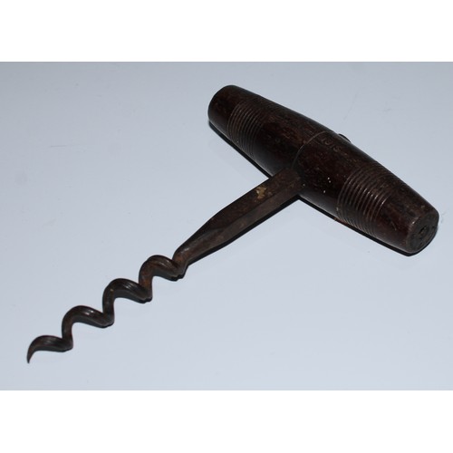 99 - Wine - a 19th century direct-pull corkscrew, stag antler handle, baluster stem, wire helix worm, 14c... 