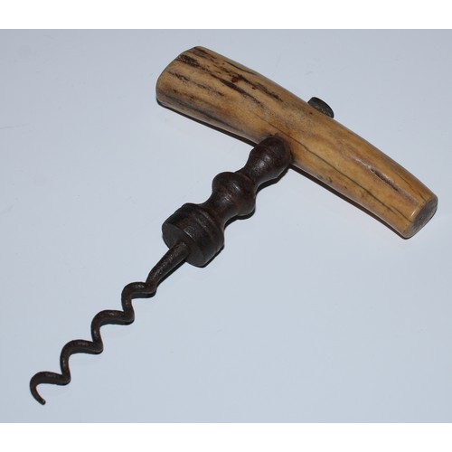 99 - Wine - a 19th century direct-pull corkscrew, stag antler handle, baluster stem, wire helix worm, 14c... 