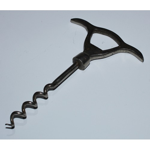 99 - Wine - a 19th century direct-pull corkscrew, stag antler handle, baluster stem, wire helix worm, 14c... 