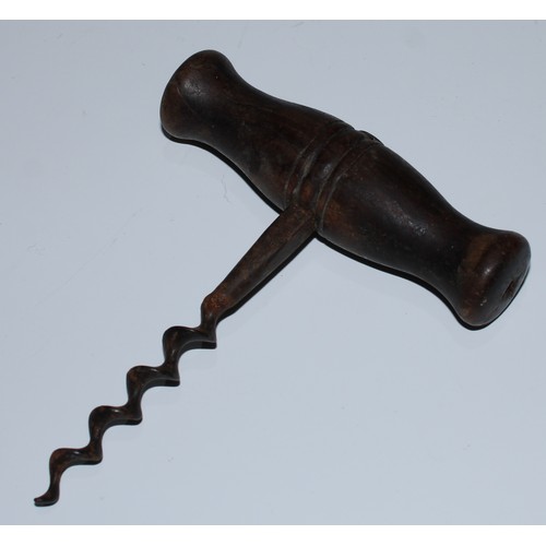 99 - Wine - a 19th century direct-pull corkscrew, stag antler handle, baluster stem, wire helix worm, 14c... 