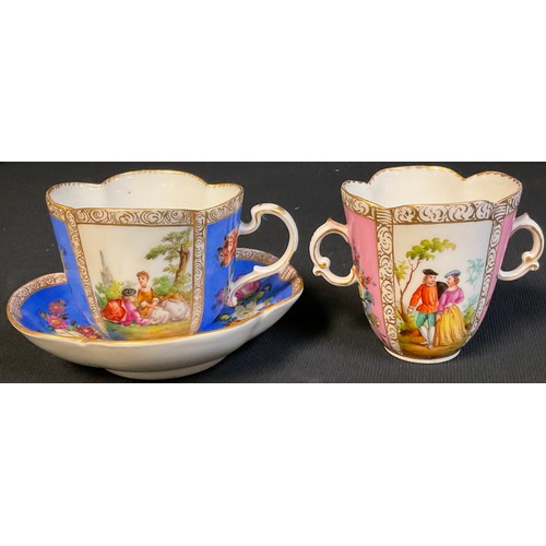 123 - Continental Ceramics - a Dresden cabinet cup and saucer, typically decorated with gilt framed panels... 