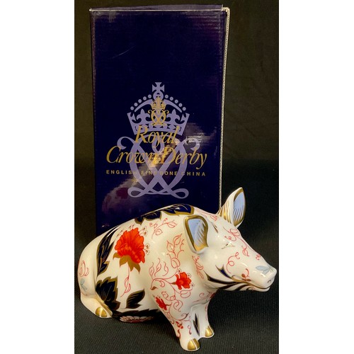 74 - A Royal Crown Derby Pig Money Box, decorated in the Imari palette, gold stopper, first quality, 18cm... 