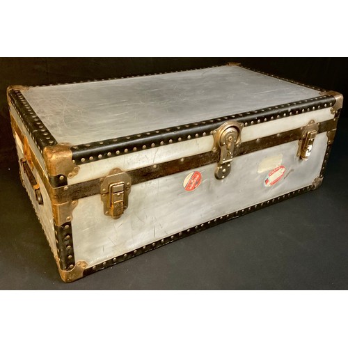 657 - An aluminium Steamer Trunk, with Cunard and other paper labels, 90cm wide, early 20th century