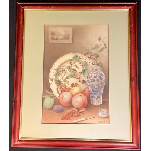 664 - English School  
Still Life, Chinese vase and fruit  
signed, dated 1929, watercolour, 46cm x 31cm