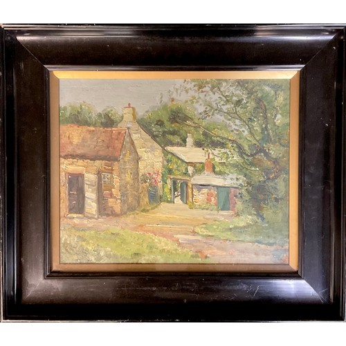 677 - English School  
Impressionist Cottage Scene  
unsigned, oil, 32cm x 39.5cm