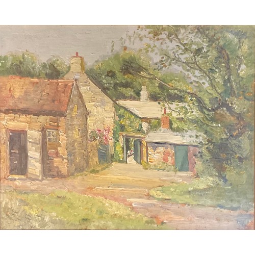 677 - English School  
Impressionist Cottage Scene  
unsigned, oil, 32cm x 39.5cm