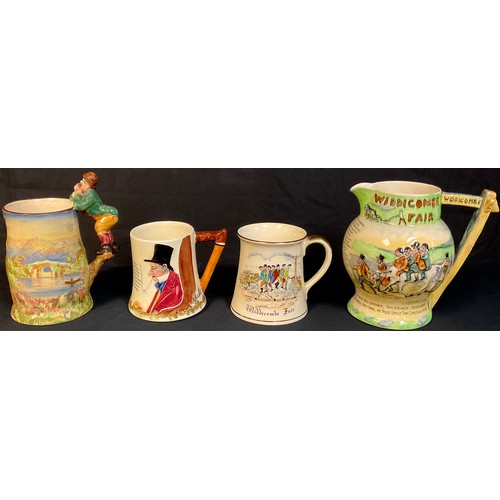 672 - A Crown Devon Musical jug, Widdicombe Fair, 19cm high, printed mark;  Widdicombe Fair mug, 12cm high... 