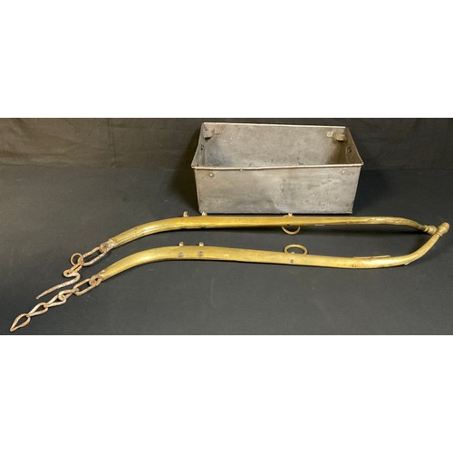 678 - A pair of brass horse hames, with acorn terminals, 87cm; a galvanised Tote Pan (3)