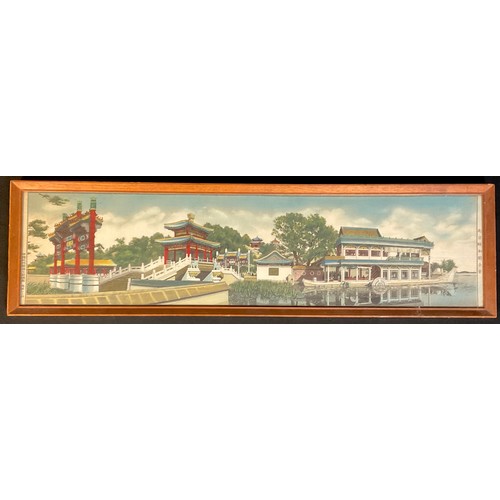 691 - An early 20th century Chinese silk picture, Summer Palace, Peking, 18cm x 73cm