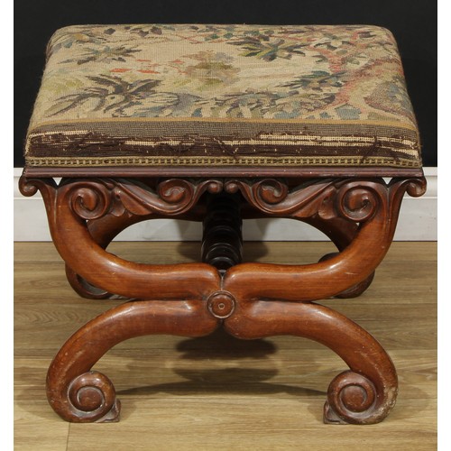 104 - An early Victorian mahogany X-frame stool, 43cm high, the top 52cm x 47.5cm