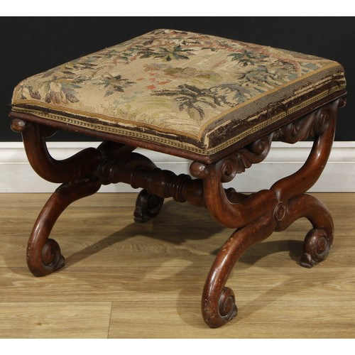 104 - An early Victorian mahogany X-frame stool, 43cm high, the top 52cm x 47.5cm