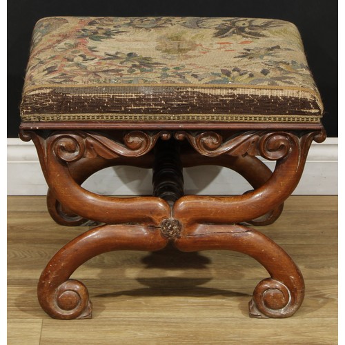 104 - An early Victorian mahogany X-frame stool, 43cm high, the top 52cm x 47.5cm