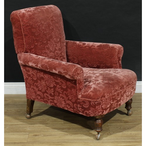 108 - An early 20th century armchair, stuffed-over upholstery, scroll arms, 93cm high, 84cm wide, the seat... 