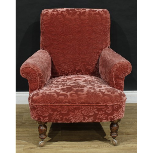 108 - An early 20th century armchair, stuffed-over upholstery, scroll arms, 93cm high, 84cm wide, the seat... 