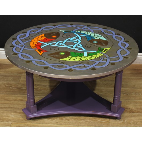 710 - A hand painted circular coffee table with undertier, decorated with Celtic symbols, 44.5cm high, 73.... 