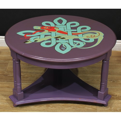 710 - A hand painted circular coffee table with undertier, decorated with Celtic symbols, 44.5cm high, 73.... 