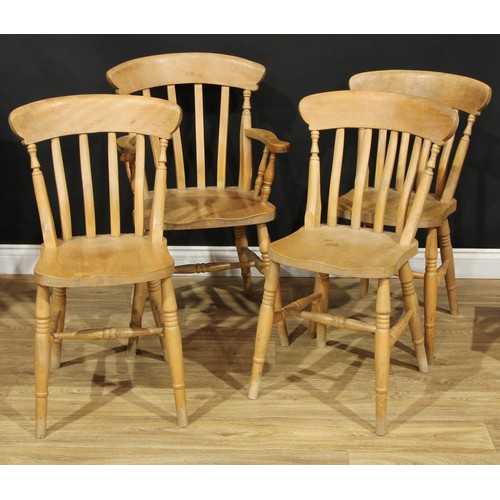 713 - A set of four lath back chairs, comprising three side chairs, 85cm high, 50.5cm wide, the seat 37cm ... 