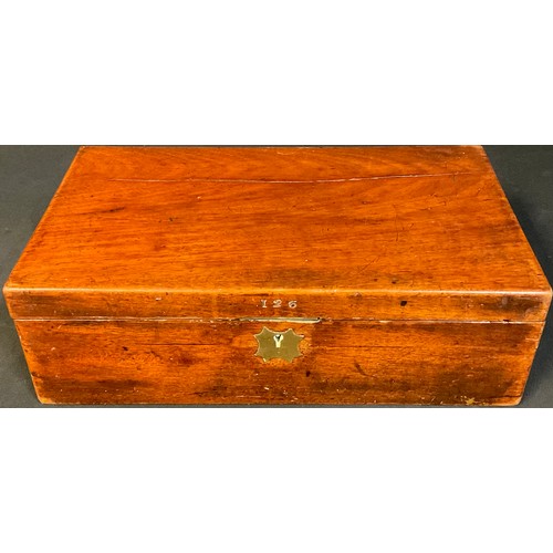 95A - A George III/IV mahogany writing box, fitted interior, brass swan neck carrying handles, stamped 126... 