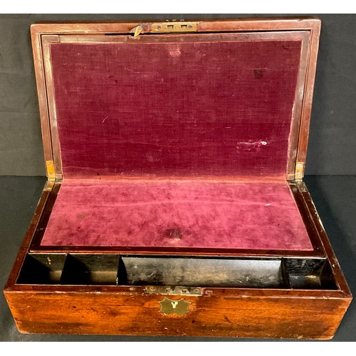 95A - A George III/IV mahogany writing box, fitted interior, brass swan neck carrying handles, stamped 126... 