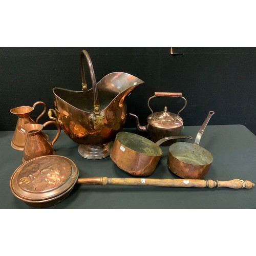 A Victorian copper tea kettle, c.1870; a 19th century warming pan; two