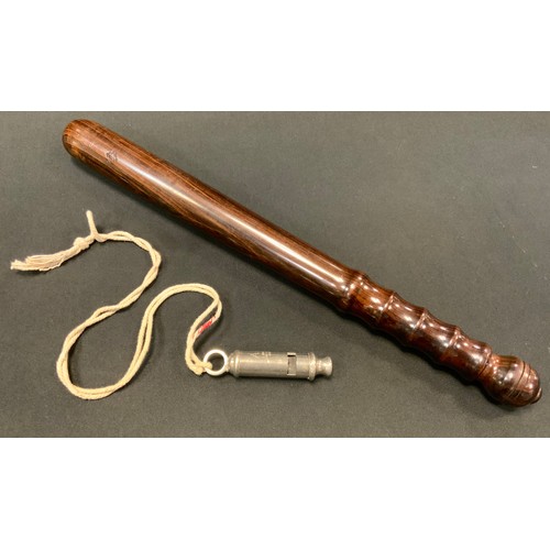 121 - A Military issue Police truncheon, W D P and broad Arrow issue marks, serial No 586, 40cm long;  a J... 