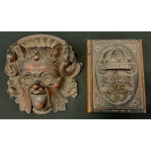 123 - A 19th century carved Gothic wall mask, grotesque horned face, tongue out, 16.5cm x 16.5cm;  a Kings... 
