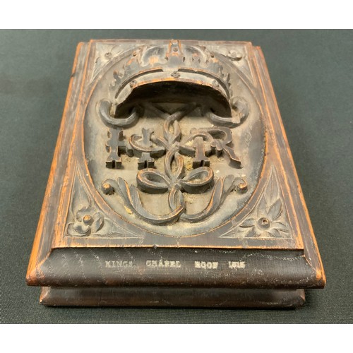 123 - A 19th century carved Gothic wall mask, grotesque horned face, tongue out, 16.5cm x 16.5cm;  a Kings... 