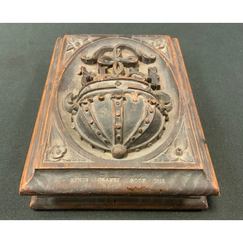 123 - A 19th century carved Gothic wall mask, grotesque horned face, tongue out, 16.5cm x 16.5cm;  a Kings... 