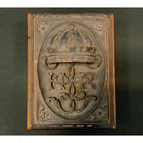 123 - A 19th century carved Gothic wall mask, grotesque horned face, tongue out, 16.5cm x 16.5cm;  a Kings... 