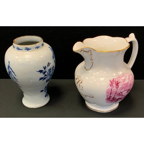 127 - A 19th century Staffordshire jug, initialled R, Mansfield Notts, transfer printed with Ironbridge Sh... 