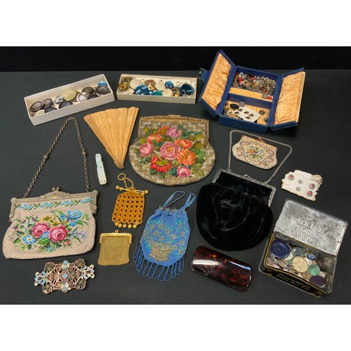 130 - Fashion & Textiles - a 19th century multicoloured metal chain mesh evening bag, green and grey flowe... 