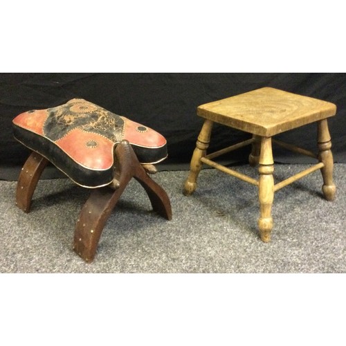138 - An early 20th century rectangular Elm stool, turned legs, 31cm high, 33cm deep, 26cm wide;  a Camel ... 