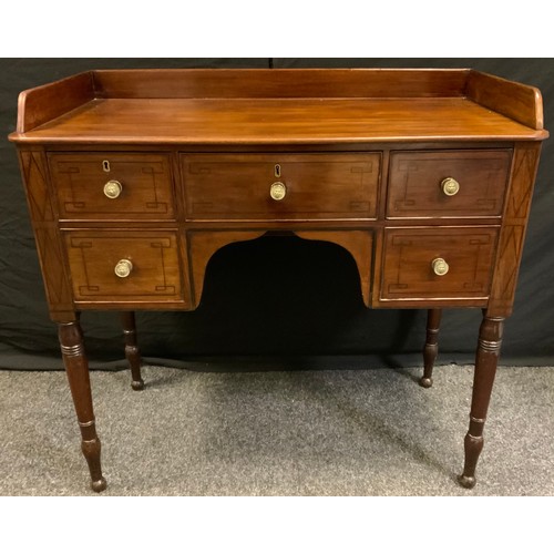 161 - A George III style mahogany knee-hole desk, three quarter gallery rectangular top above a central lo... 