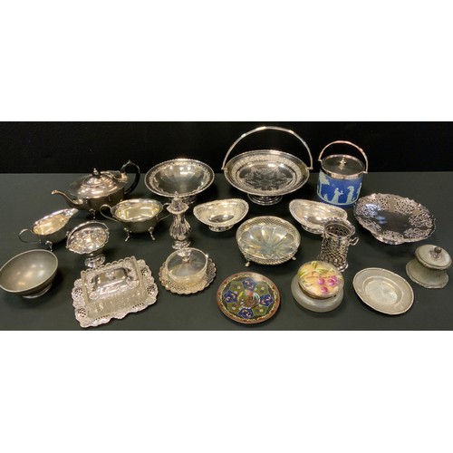 166 - A silver plated three piece tea set;  Victorian swing handle fruit basket, Wedgwood jasperware jar a... 