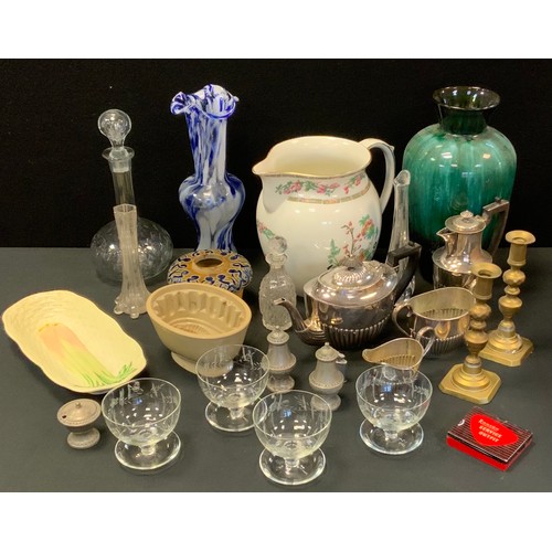 177 - A Victorian silver plated three pieces teas set;  cut glass decanter and stopper, sundae dishes, Blu... 