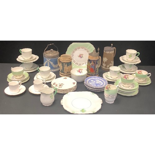 179 - Ceramics - a Victorian pale blue Jasperware biscuit barrel silver plated mounts and cover; brown jug... 