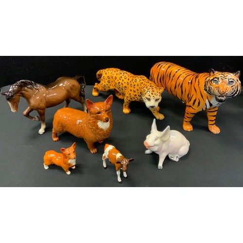 106 - Beswick models - Tiger 2096,gloss;  Leopard;  large Corgi dog;  character pig, etc (7)